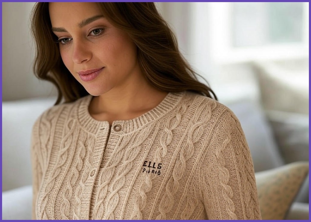 ELLE PARIS 로고 자수 라운드넥 케이블 니트 가디건